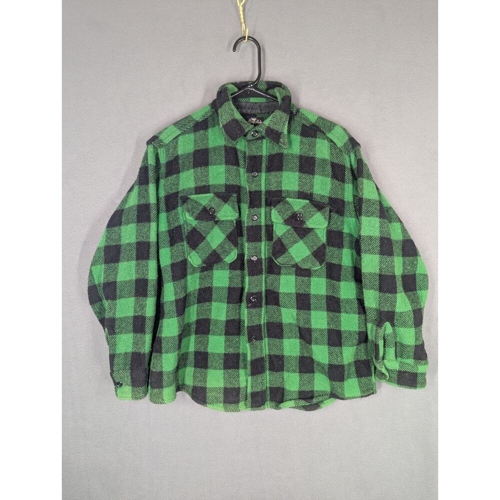 Vintage King Kole Shirt Flannel Green Black Plaid Workwear Sz L/XL